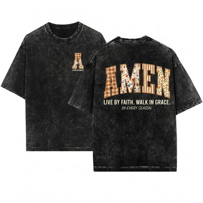 Vintage Christian Amen Jesus Faith Bible Verses Faux Embroidery Autumn Fall Thanksgiving Unisex Wash T-Shirt