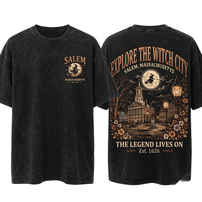 Vintage Salem Massachusetts Witch City Halloween Spooky Season Fall Graphic Unisex Wash T-Shirt