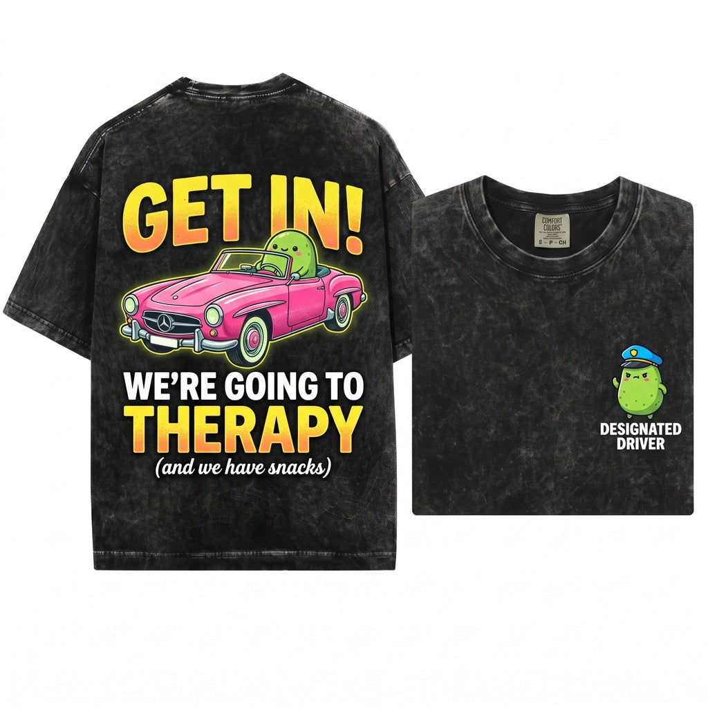 Get In Were Going To Therapy Funny Embroidered Cute Mental Health Meme Chaotic Frog Unisex Wash T-Shirt