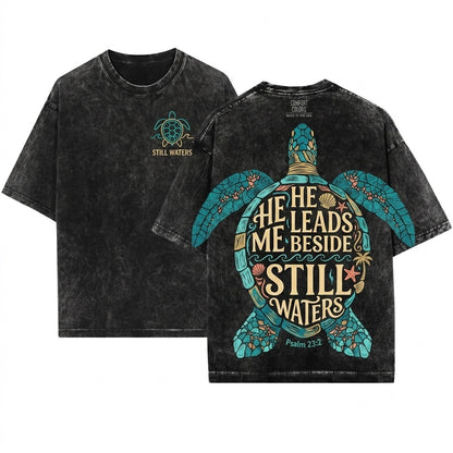 He Leads Me Beside Still Waters Psalm 23 Christian Sea Turtle Coastal Faith Beach Unisex Wash T-Shirt