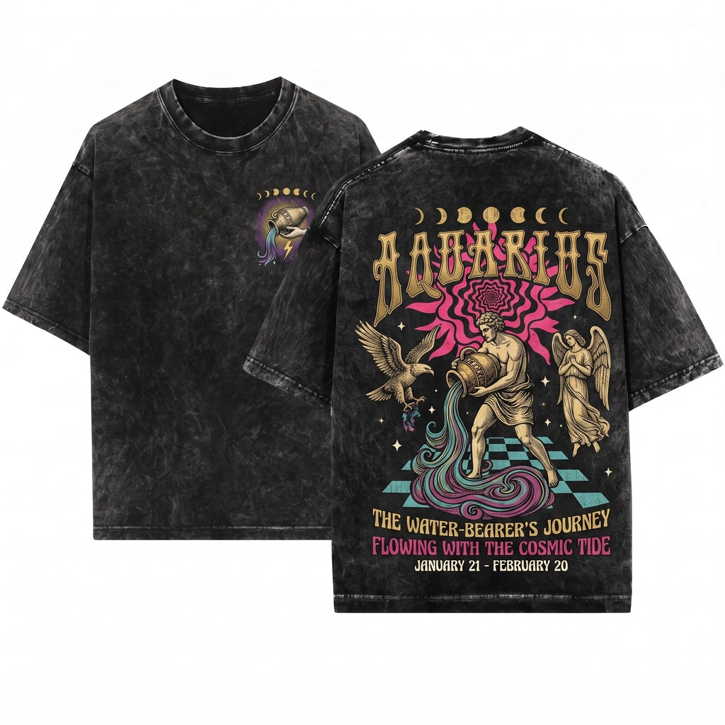 Vintage Aquarius Zodiac Celestial Astrology Graphic Unisex Wash T-Shirt