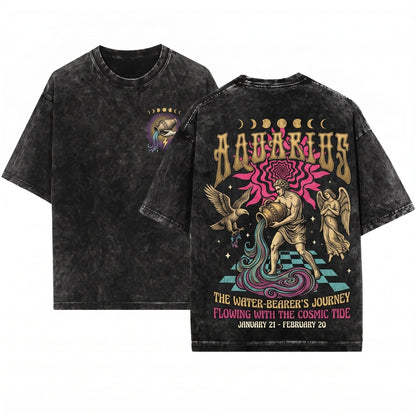 Vintage Aquarius Zodiac Celestial Astrology Graphic Unisex Wash T-Shirt