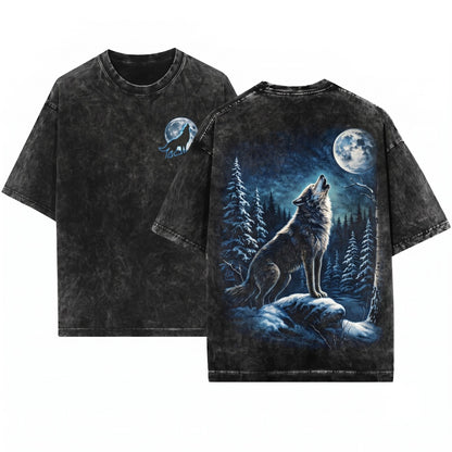 Vintage Wolf Graphic Full Moon Wilderness Pepper Wildlife Nature Rustic Outdoor Unisex Wash T-Shirt