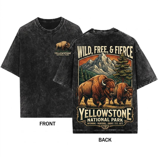 Yellowstone National Park Vintage Bison Graphic Retro Nature Souvenir Outdoor Unisex Wash T-Shirt