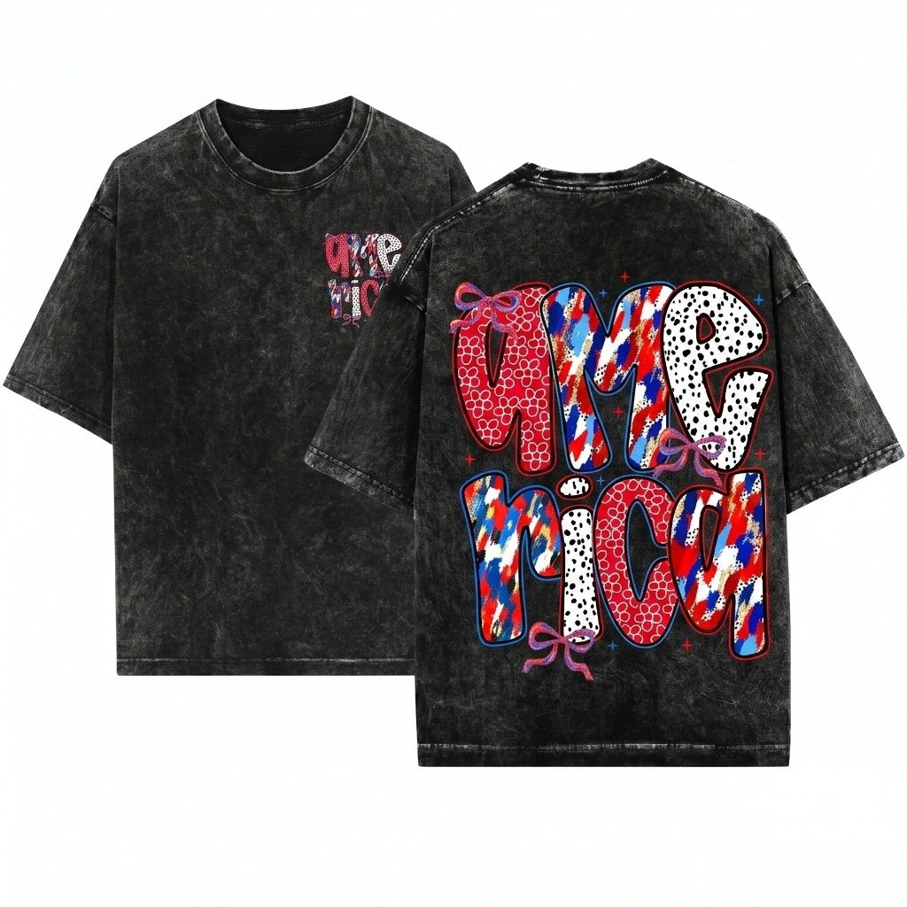 Patriotic USA Red White Blue Ribbon Bow Patterned Unisex Wash T-Shirt