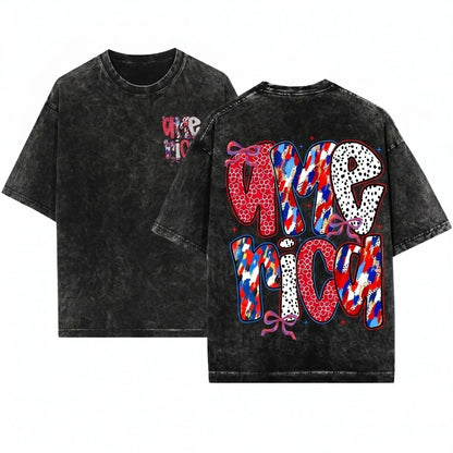 Patriotic USA Red White Blue Ribbon Bow Patterned Unisex Wash T-Shirt