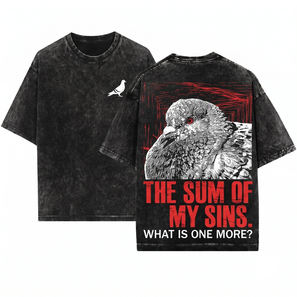 I Am The Sum Of My Sins Vintage Japanese Funny Pigeon Graphic Aesthetic Novelty Humor Retro Graphic Unisex Wash T-Shirt