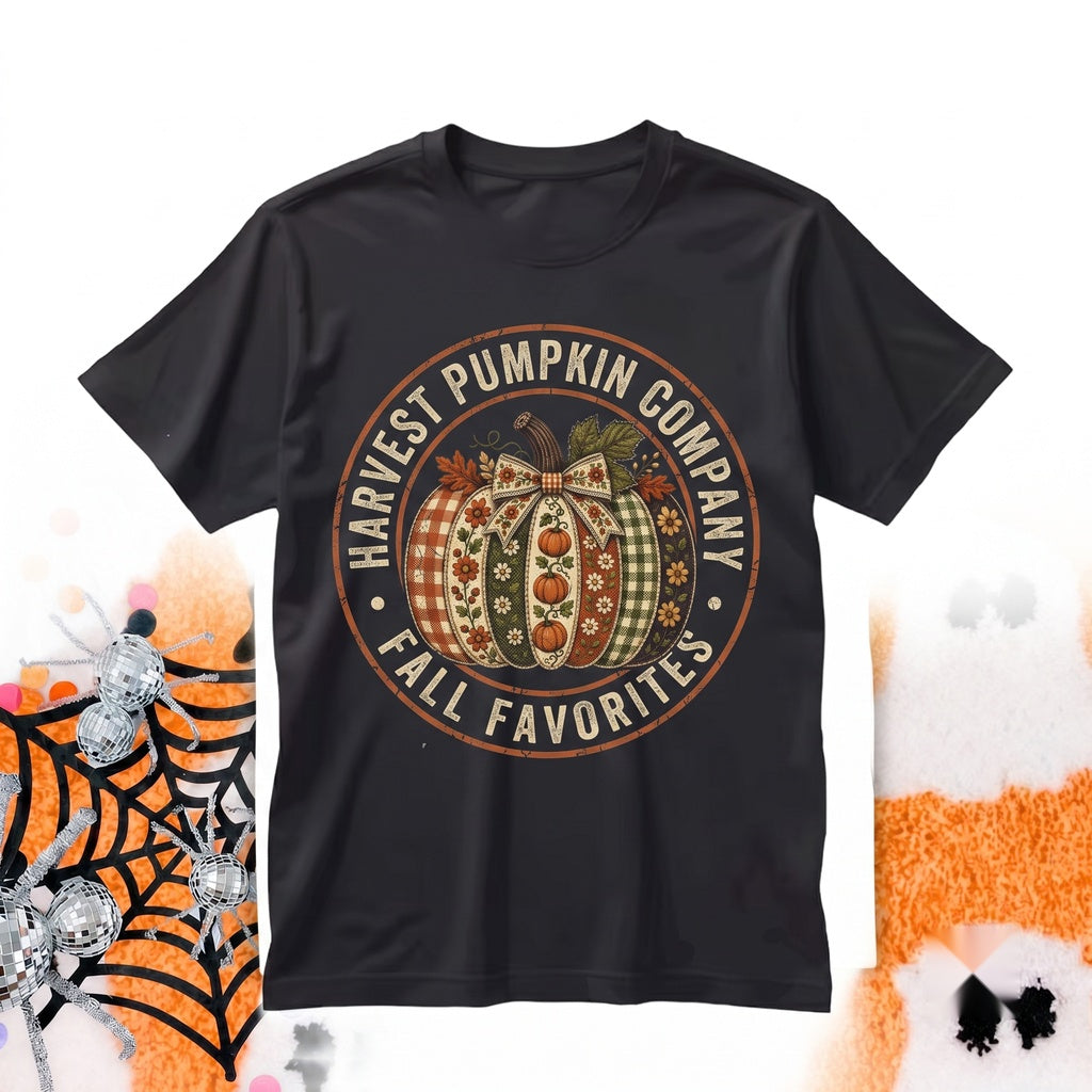 Faux Patchwork Checkered Pumpkin Graphic Fall Autumn Thanksgiving Womens Cute Cozy Crewneck Unisex TShirt