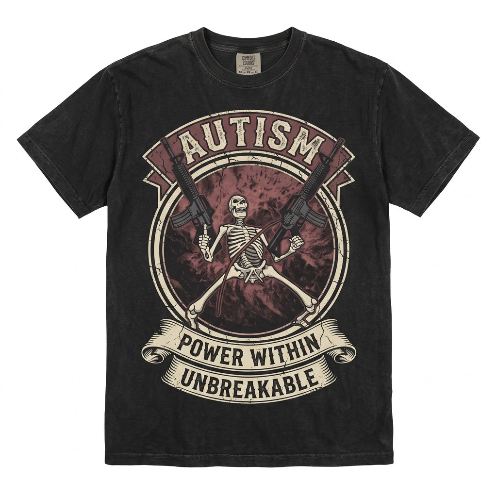 Autism Awareness Skeleton Flame Skull Gun Graphic Retro Grunge Vintage Streetwear Unisex TShirt