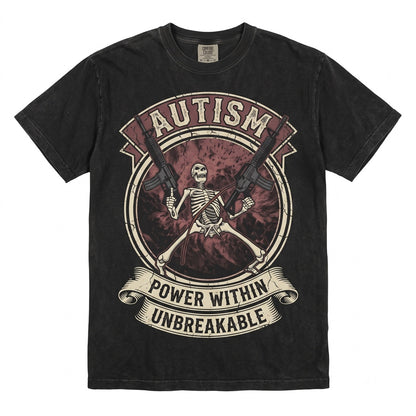 Autism Awareness Skeleton Flame Skull Gun Graphic Retro Grunge Vintage Streetwear Unisex TShirt