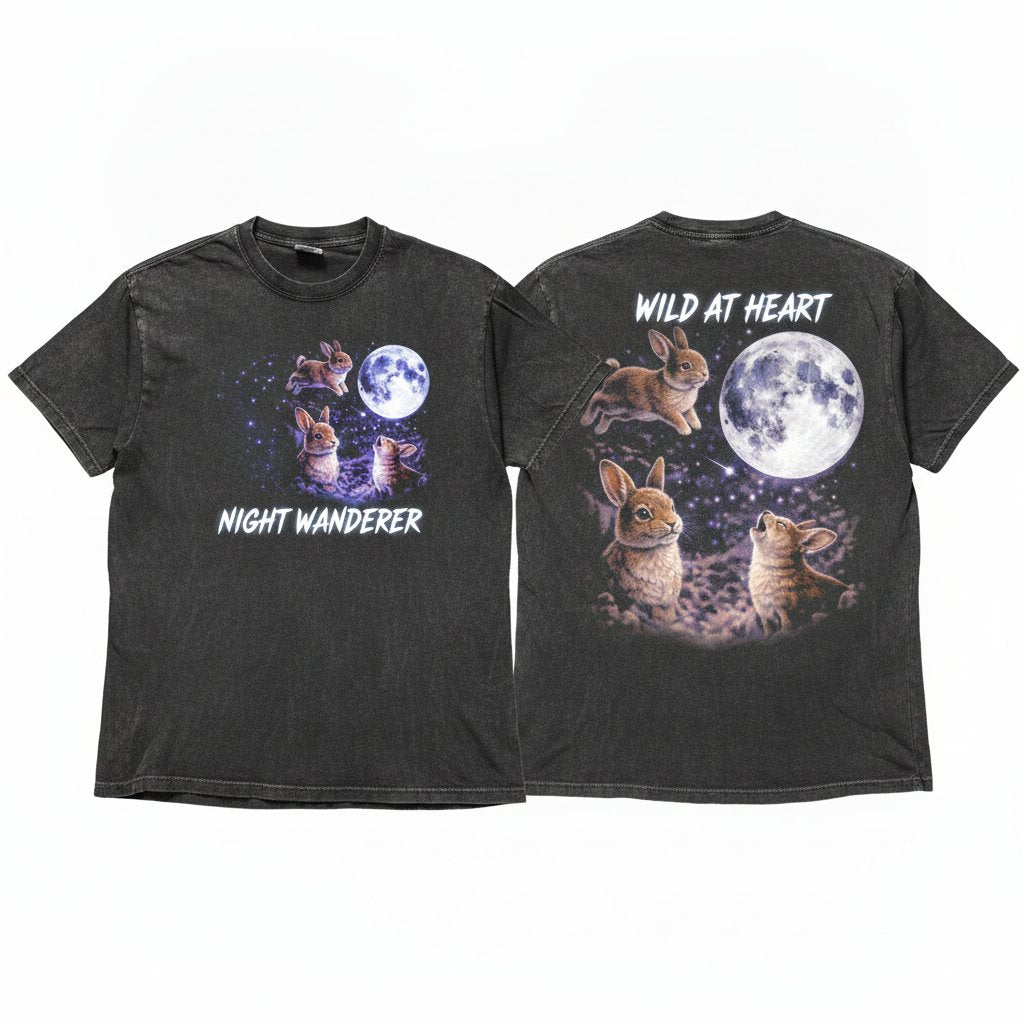Space Bunnies Vintage Silly Rabbit Cute Gift 90s Full Moon Howling Animal Graphic Unisex Wash T-Shirt