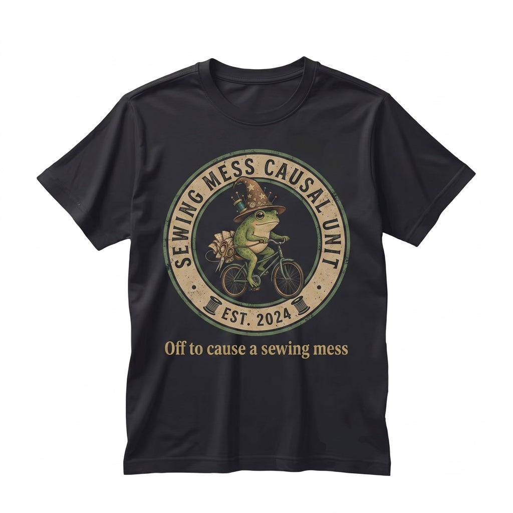 Off To Cause A Sewing Mess Funny Frog Meme Gift For Quilter Seamstress Grandma Unisex TShirt