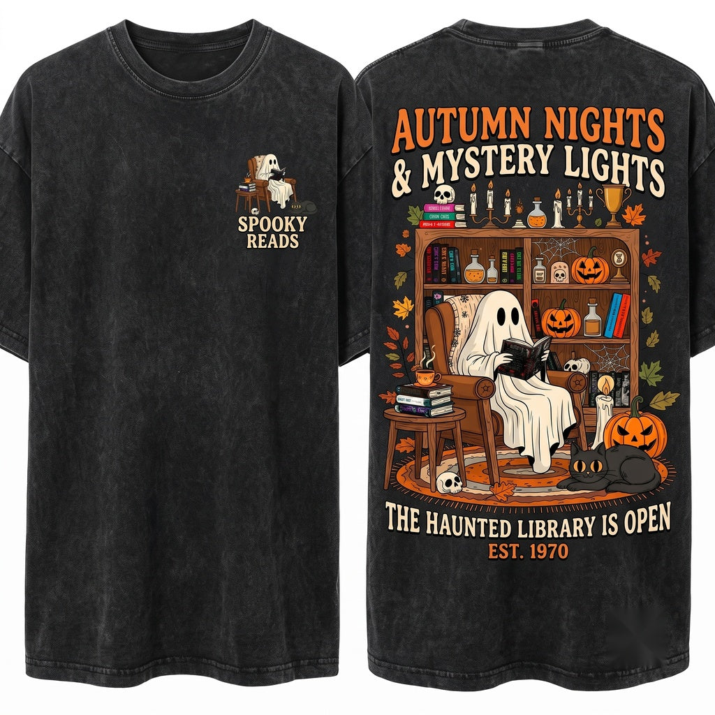 Cozy Halloween Ghost Reading Library Bookshelf Graphic Unisex Wash T-Shirt