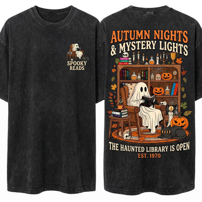 Cozy Halloween Ghost Reading Library Bookshelf Graphic Unisex Wash T-Shirt