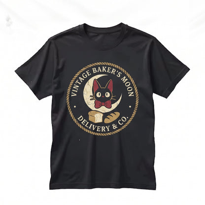 Jiji Black Cat Embroidered Bread Graphic Kawaii Studio Anime Witch Familiar Cozy Cute Aesthetic Cotton Unisex TShirt