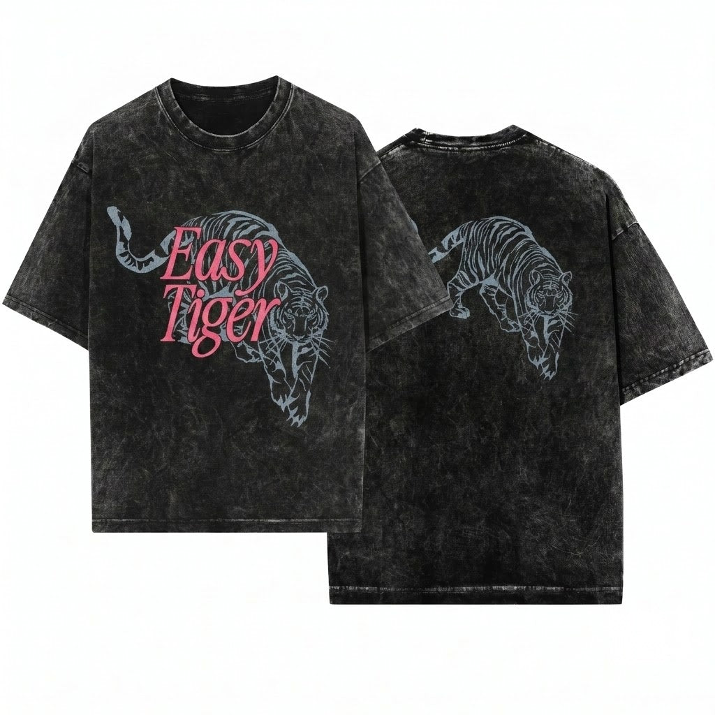 Easy Tiger Graphic Retro Distressed Unisex Wash T-Shirt