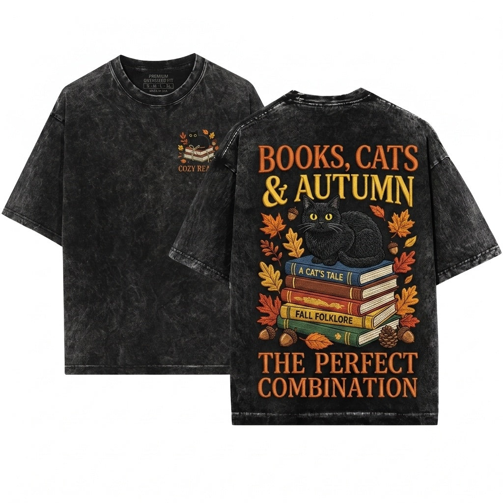 Embroidered Cozy Fall Black Cat Books Reader Halloween Gift Unisex Wash T-Shirt