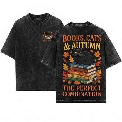 Embroidered Cozy Fall Black Cat Books Reader Halloween Gift Unisex Wash T-Shirt