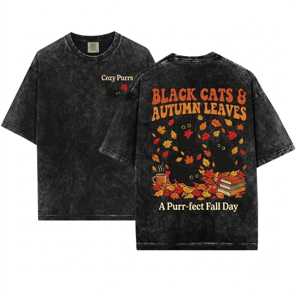 Black Cats Fall Leaves Embroidered Cute Autumn Cozy Halloween Unisex Wash T-Shirt