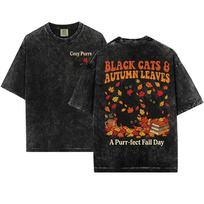Black Cats Fall Leaves Embroidered Cute Autumn Cozy Halloween Unisex Wash T-Shirt