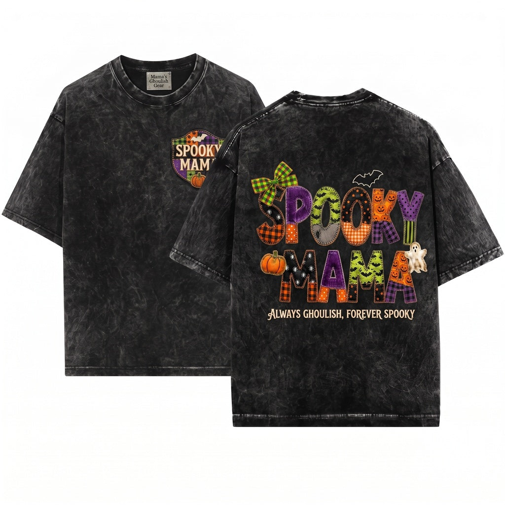 Faux Patchwork Spooky Mama Plaid Halloween Quilt Letter Pumpkin Ghost Fall Graphic Unisex Wash T-Shirt