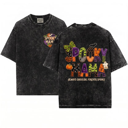 Faux Patchwork Spooky Mama Plaid Halloween Quilt Letter Pumpkin Ghost Fall Graphic Unisex Wash T-Shirt