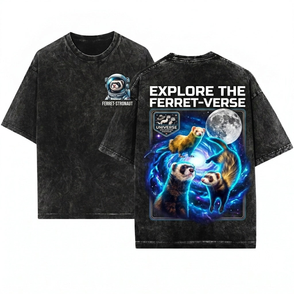 Three Ferret Moon Vintage Cosmic Galaxy Graphic Top Retro Space Animal Polecat Lover Gift Unisex Wash T-Shirt