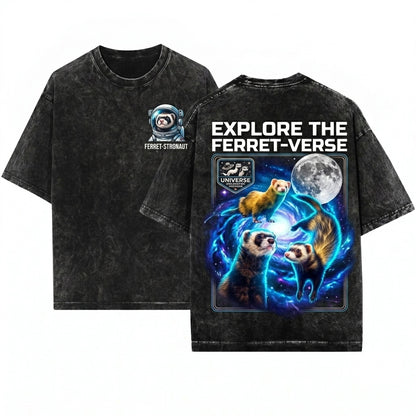 Three Ferret Moon Vintage Cosmic Galaxy Graphic Top Retro Space Animal Polecat Lover Gift Unisex Wash T-Shirt