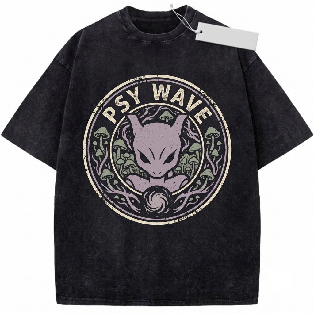 Mewtwo Psywave Vintage Acid Wash Anime Graphic Oversized Retro Gamer Apparel Gift Unisex TShirt