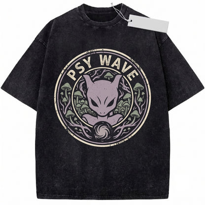 Mewtwo Psywave Vintage Acid Wash Anime Graphic Oversized Retro Gamer Apparel Gift Unisex TShirt