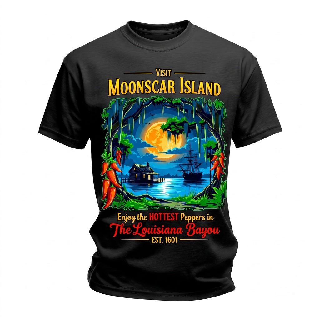 Visit Moonscar Island Vintage Louisiana Bayou Spooky Pepper Travel Retro Horror Nostalgia Unisex TShirt