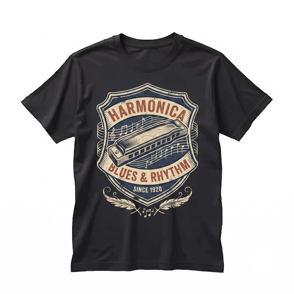 Vintage Blues Harmonica Player Retro Band Instrument Graphic Musician Gift Festival Unisex TShirt