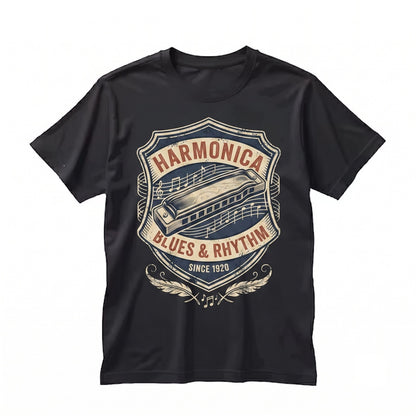 Vintage Blues Harmonica Player Retro Band Instrument Graphic Musician Gift Festival Unisex TShirt