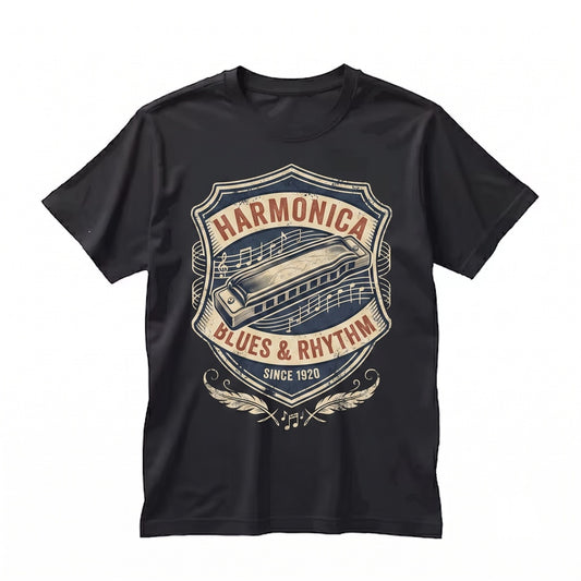 Vintage Blues Harmonica Player Retro Band Instrument Graphic Musician Gift Festival Unisex TShirt