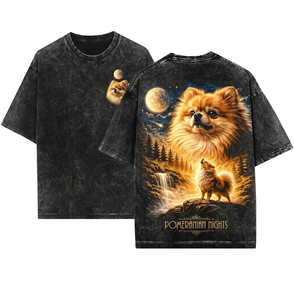 Pomeranian Howling to the Moon Vintage Full Retro Dog Graphic 90s Animal Mom Gift Unisex Wash T-Shirt