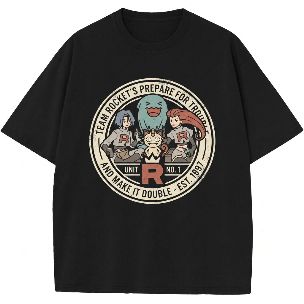 Vintage Team Rocket Picnic Washed Jessie James Meowth Wobbuffet Anime Oversized Graphic Unisex TShirt