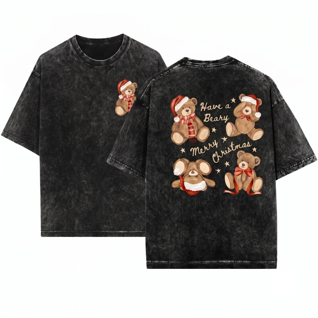 Preppy Christmas Teddy Bear Graphic Women Long Sleeve Unisex Wash T-Shirt