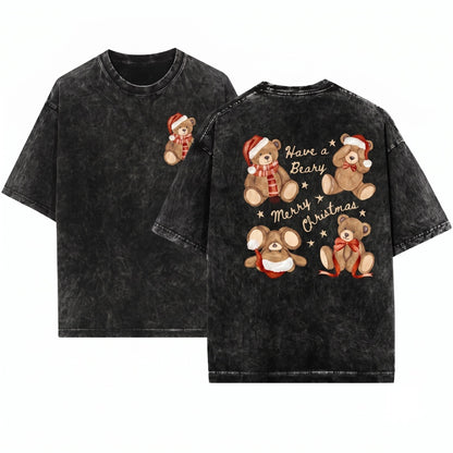 Preppy Christmas Teddy Bear Graphic Women Long Sleeve Unisex Wash T-Shirt