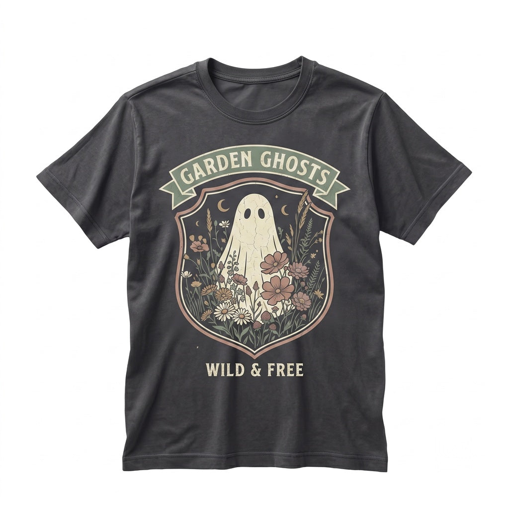 Ghost Floral Crescent Moon Stars Spooky Wildflower Halloween Botanical Graphic Unisex TShirt