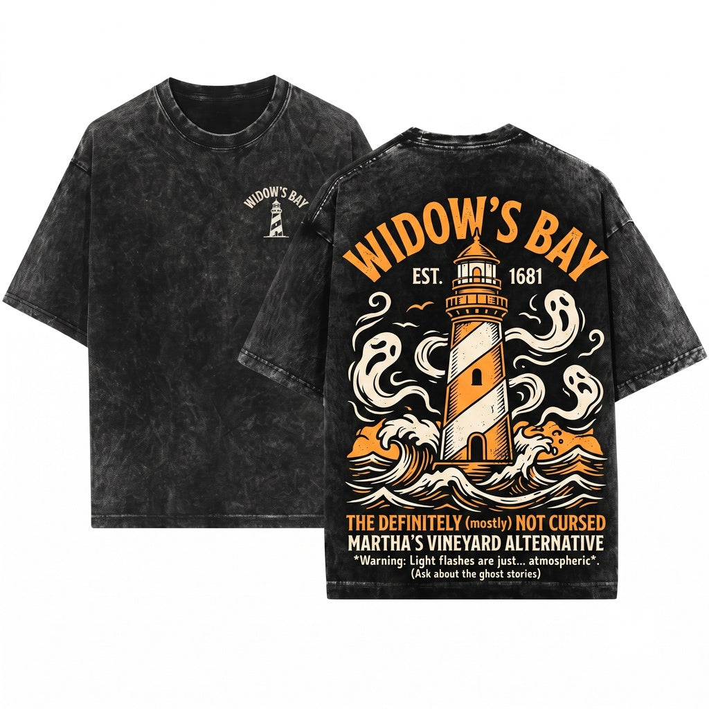 Widows Bay Tourist Horror Graphic Retro Haunted Town Travel Crewneck Halloween Costume Unisex Wash T-Shirt