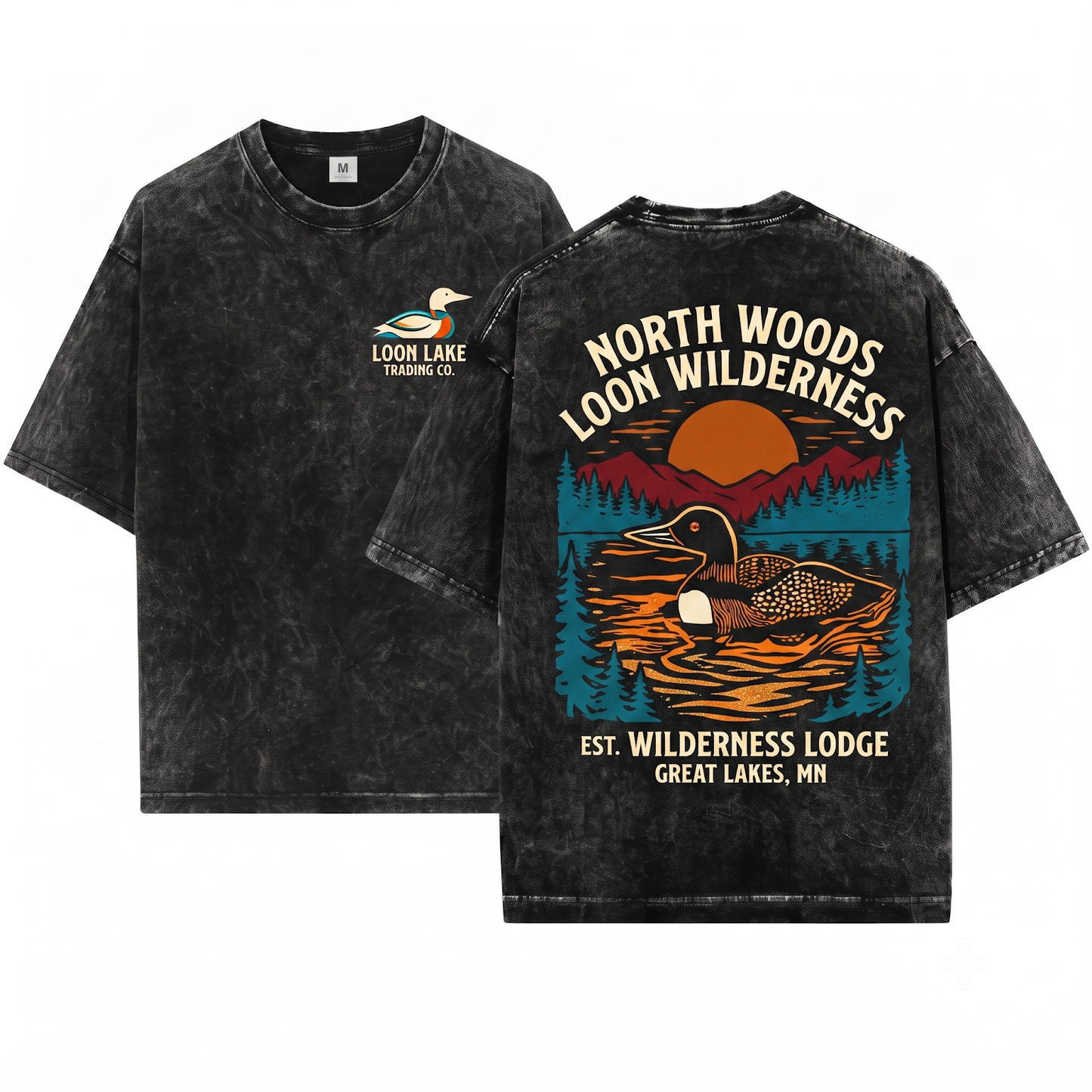 Common Loon Linocut Graphic Tee - Scenic Lake Nature Art Wildlife Bird Lover Gift Unisex Heavyweight Garment-Dyed T-Shirt