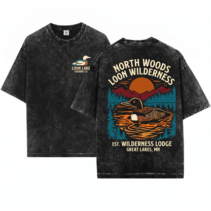Common Loon Linocut Graphic Tee - Scenic Lake Nature Art Wildlife Bird Lover Gift Unisex Heavyweight Garment-Dyed T-Shirt