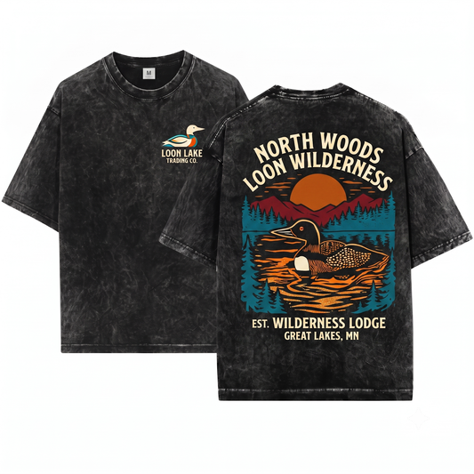 Common Loon Linocut Graphic Tee - Scenic Lake Nature Art Wildlife Bird Lover Gift Unisex Heavyweight Garment-Dyed T-Shirt