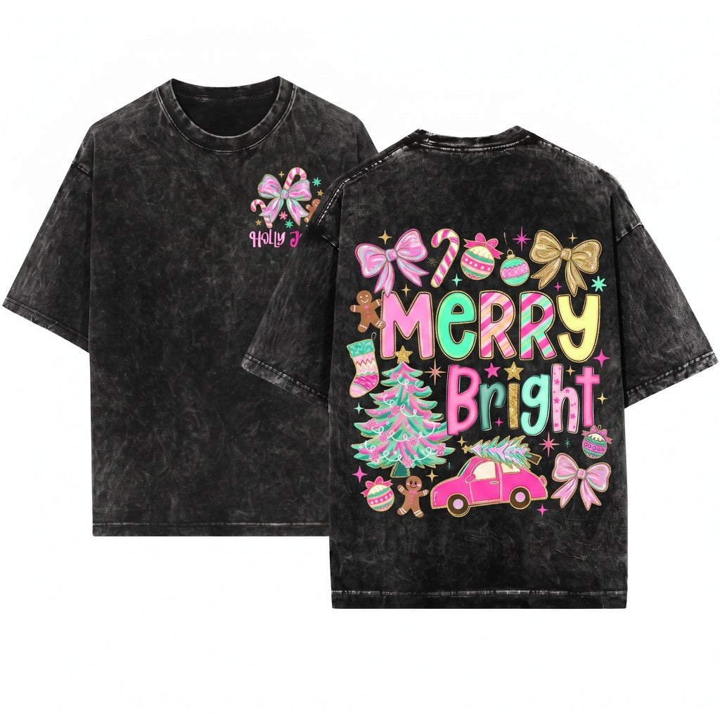 Pink Blue Preppy Christmas Bundle Merry & Bright Floral Coquette Doodles Tree Unisex Wash T-Shirt