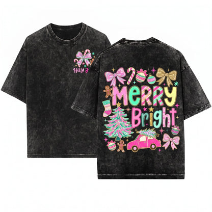 Pink Blue Preppy Christmas Bundle Merry & Bright Floral Coquette Doodles Tree Unisex Wash T-Shirt