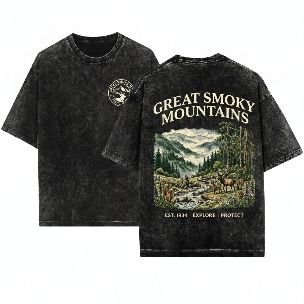Great Smoky Mountains Tennessee Vintage Forest Wildlife Graphic Scenic Landscape Outdoor Aesthetic Gift Unisex Wash T-Shirt