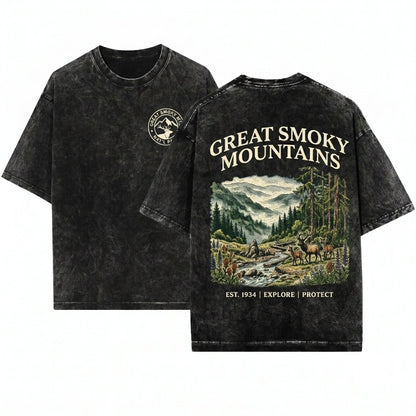 Great Smoky Mountains Tennessee Vintage Forest Wildlife Graphic Scenic Landscape Outdoor Aesthetic Gift Unisex Wash T-Shirt