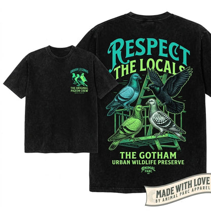 Respect The Locals Pigeon Funny Animal Lover Vintage Graphic Silly Dove Unisex Wash T-Shirt