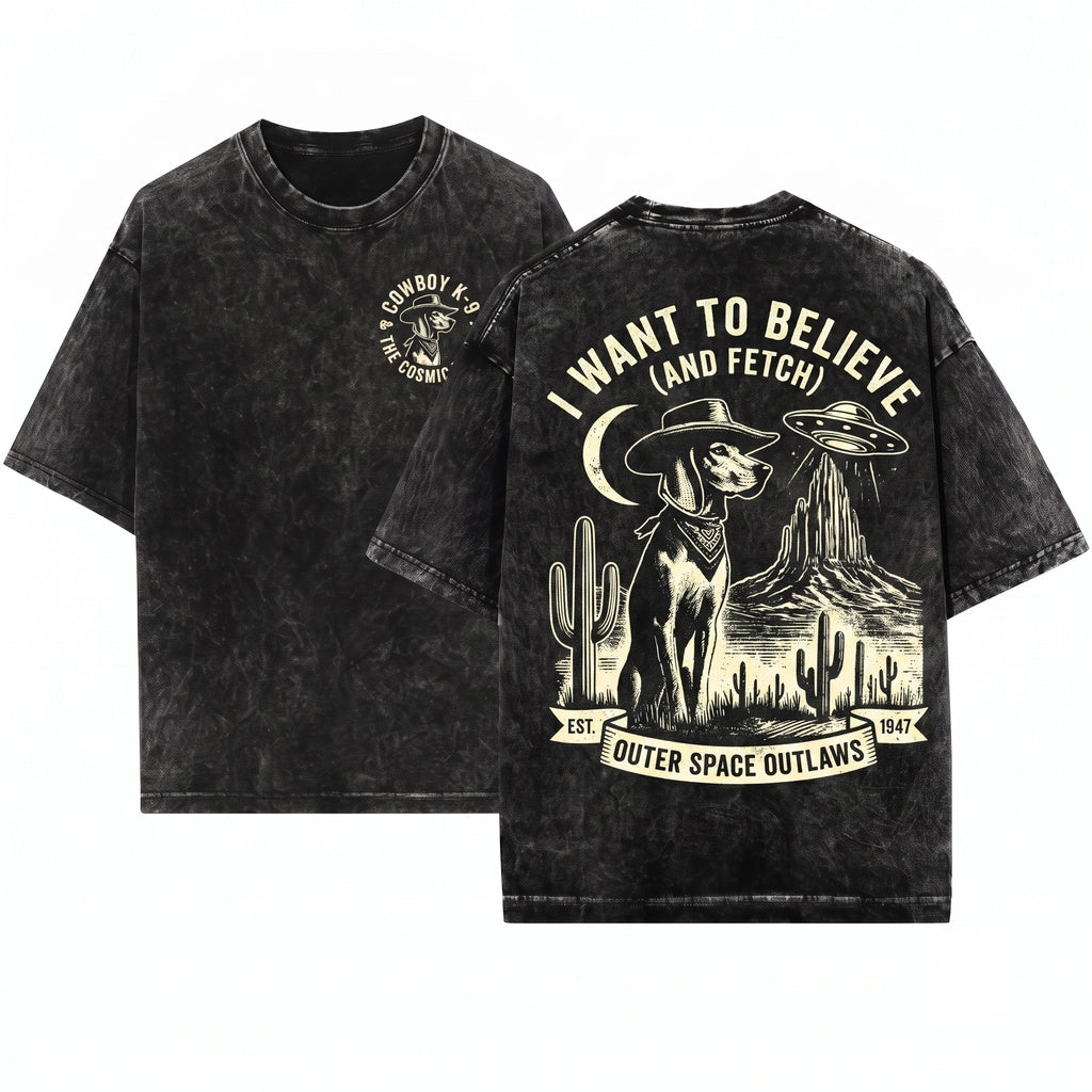 Vintage Western Cowboy Coonhound Alien UFO Retro Canine Pet Owner Present Unisex Wash T-Shirt
