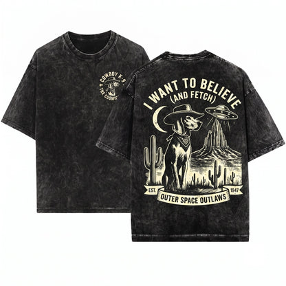 Vintage Western Cowboy Coonhound Alien UFO Retro Canine Pet Owner Present Unisex Wash T-Shirt